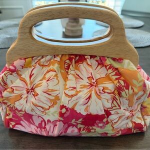 Talbots Pink and Orange Floral Clutch with Wooden Handle